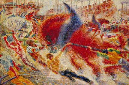 The City Rises by Umberto Boccioni shows a large red horse rearing in front of a cityscape